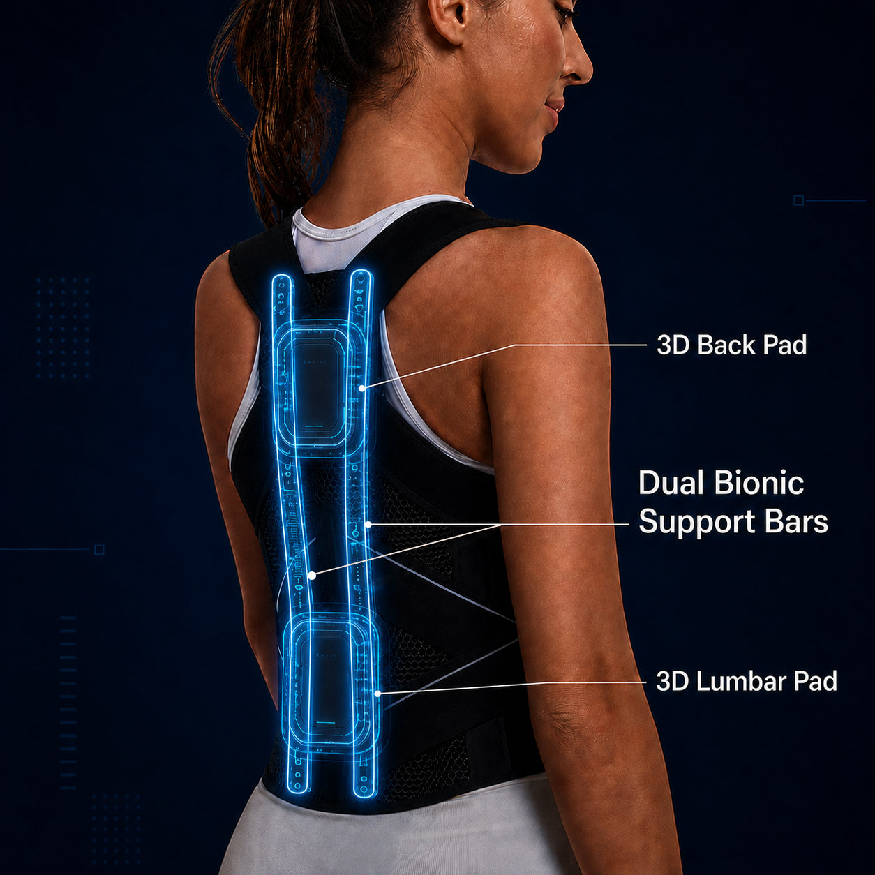 Enthra BB03 Posture Corrector with Dual Bionic Support System - Two contoured bionic bars for thoracic and lumbar support plus 3D lumbar pads