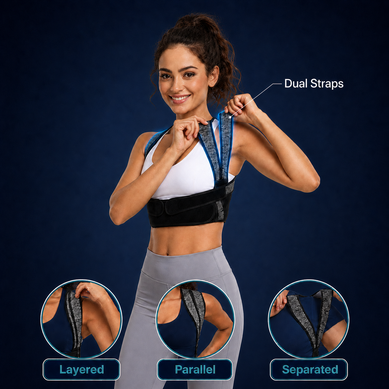 Enthra BB04 Dual-Strap System - Three strap modes: Layered for maximum tension, Parallel for balanced comfort, Separated for widest coverage