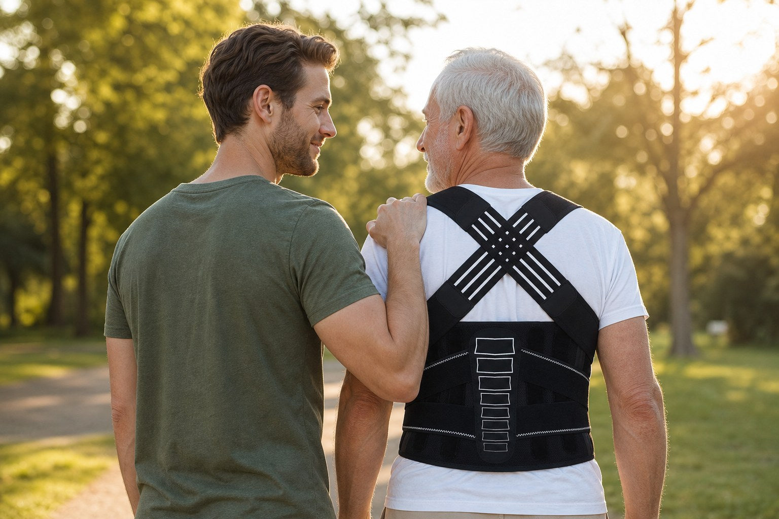 Elderly father wearing Enthra posture corrector, smiling with his son beside him