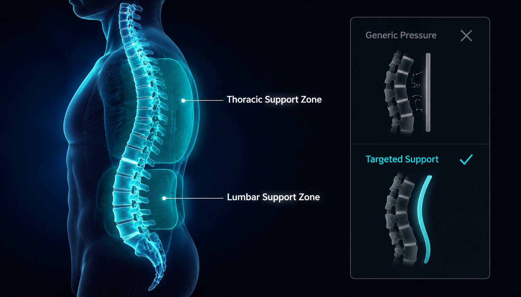 Back Support Zones - Thoracic and Lumbar support areas with Generic vs Targeted pressure comparison