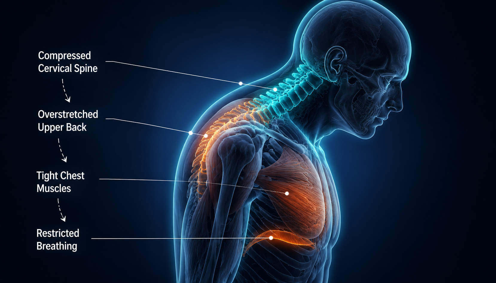 Forward Head Posture cascading effects - Compressed Cervical Spine, Overstretched Upper Back, Tight Chest Muscles, and Restricted Breathing