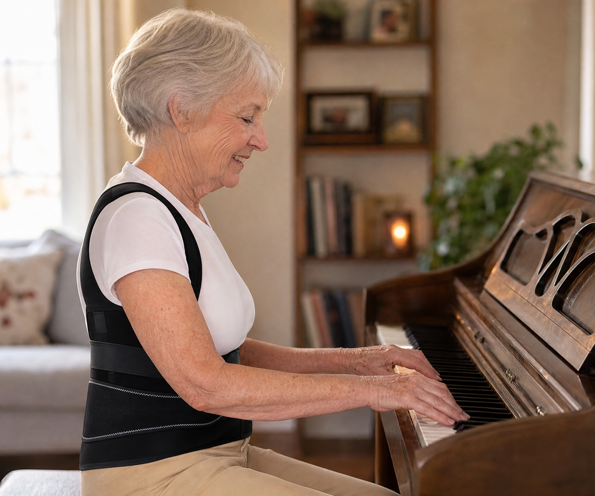 Seventy-six-year-old woman playing piano comfortably with better back support