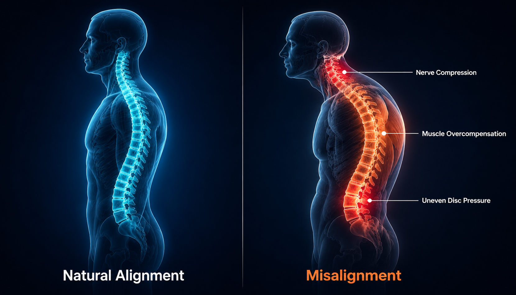 Spine comparison: Natural Alignment vs Misalignment - showing muscle overcompensation, uneven disc pressure, and nerve compression